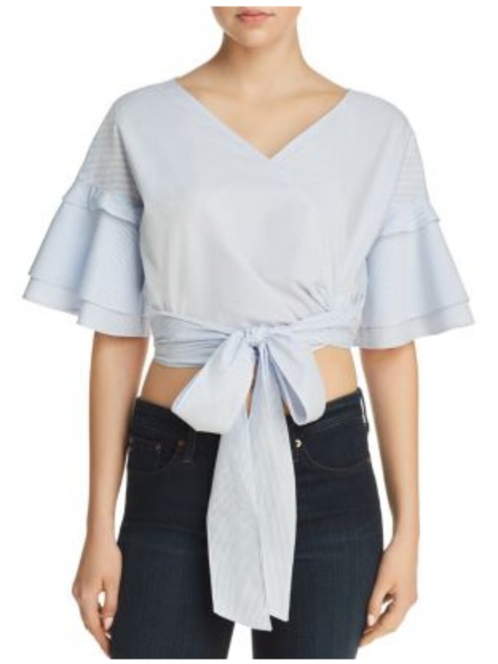 AQUA Bloomingdales Blue Pinstripe Tie-Front Cropped Top Sz M